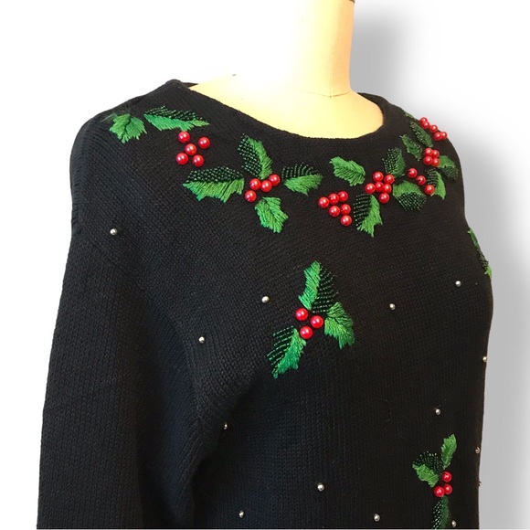Studio Collection Vtg Embroidered Ugly Christmas Sweater Black Holly Sz M - Picture 3 of 10